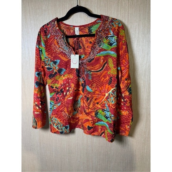 RAGA Anthropologie Y2K Red Orange Print Beaded Neckline Long Sleeve Cotton Top - Picture 1 of 6